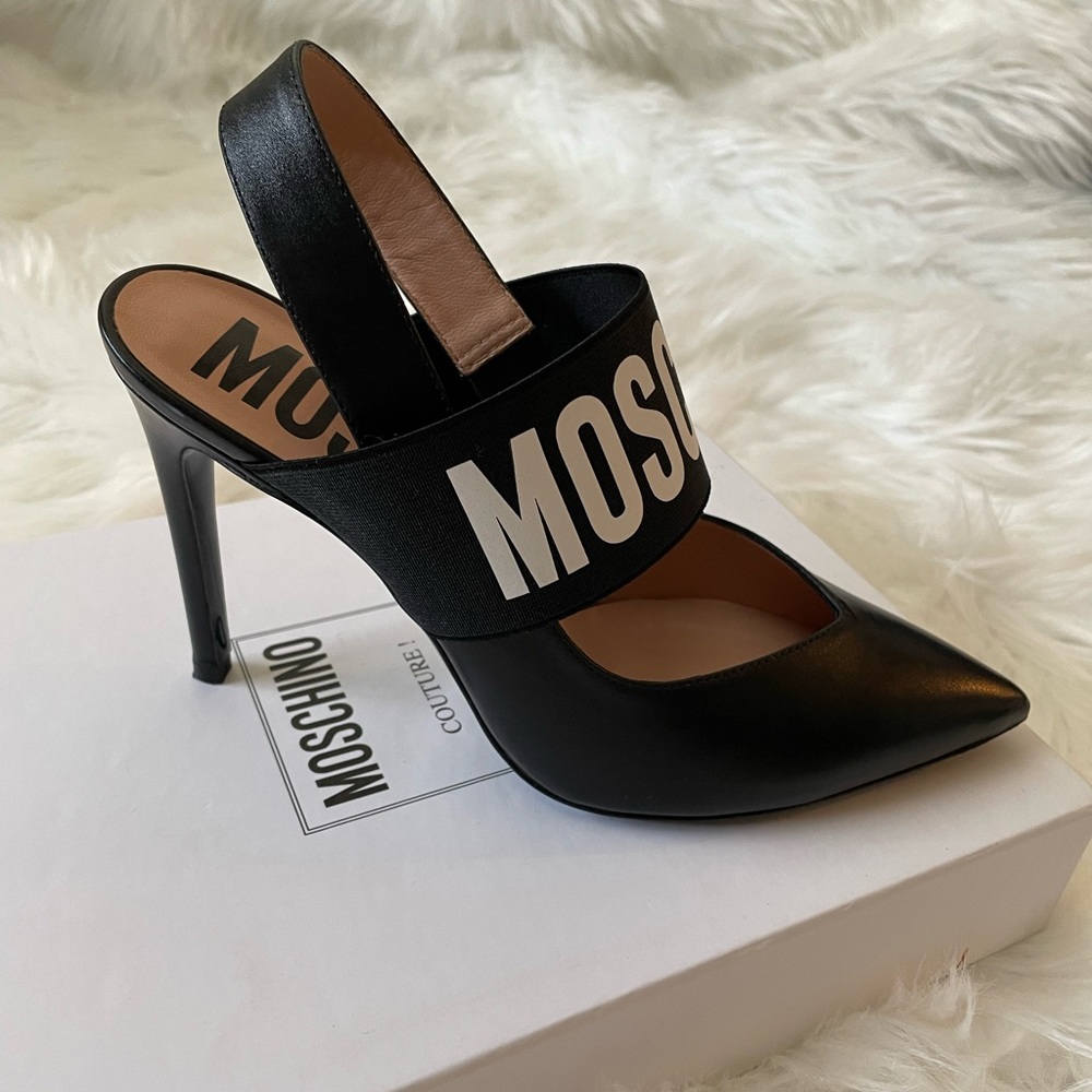MOSCHINO Milano Black Heels with Logo Cuff Sz 7 WORN ONCE!